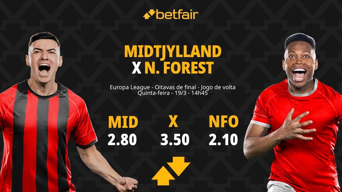 Midtjylland x Nottingham Forest - Europa League: Palpites, Odds, Escalações, Horário, Onde Assistir