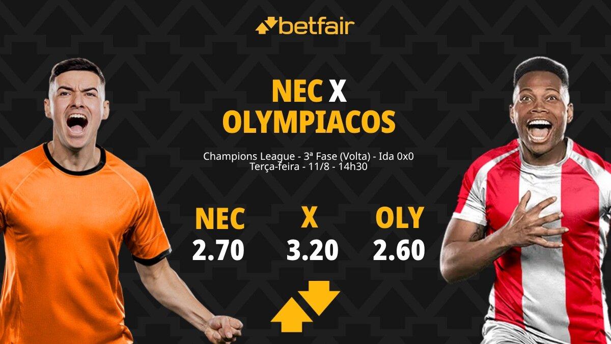 NEC x Olympiacos - Champions League: Notícias, Odds, Estatísticas, Escalações, Horário, Onde Assistir